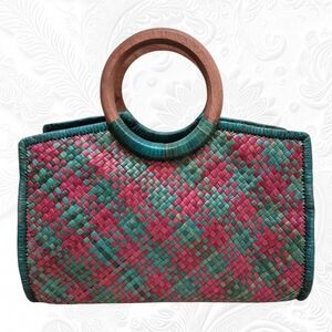 Handmade Woven Pandan Leaves Multicolor Hand Bag with Wooden Handles, Mini
